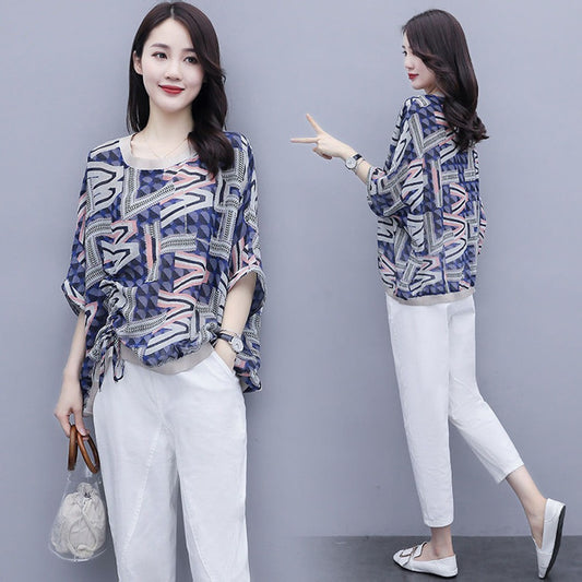 New Fashion Casual Printed Loose Fit Top & Solid Color Pant for Women