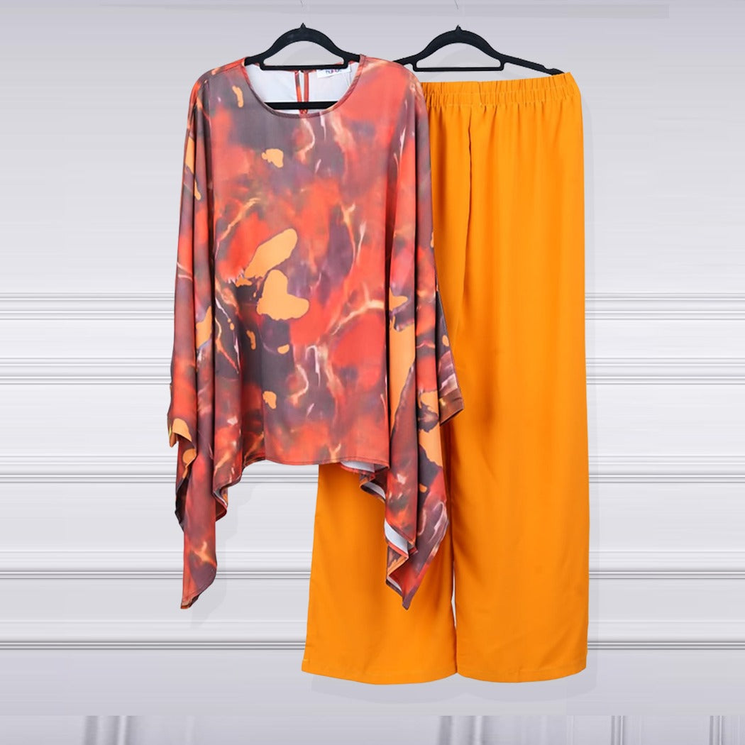 Graphic Design Printed Fashion Full Bat Sleeve Style Top & Wide Leg Pant for Women