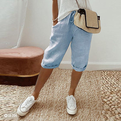 Summer Style Short Linen Lace Up Trousers for Women