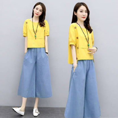 Casual Solid Color Blouse Short Sleeve Top &amp; Capri Wide Leg Pant for Women