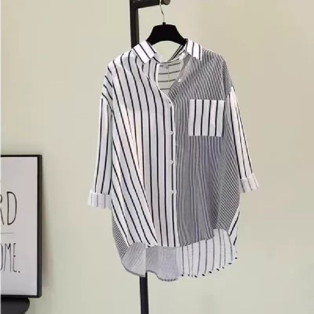 Striped Fashion Summer Style Lapel Collar Non Stretch Shirt