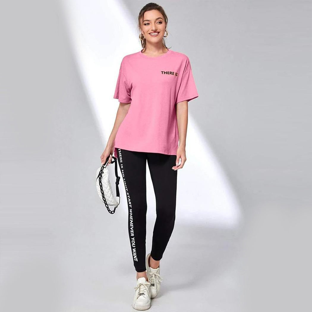 Solid Color Text Print T-Shirt & Track Pant for Women