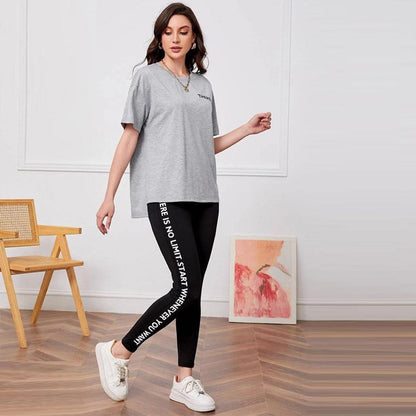 Solid Color Text Print T-Shirt & Track Pant for Women