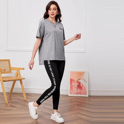 Solid Color Text Print T-Shirt & Track Pant for Women