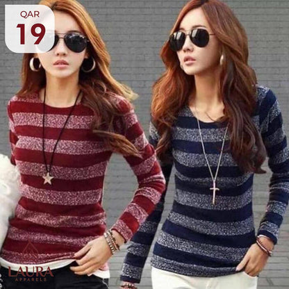 Casual Fashion Striped Pattern Round Neck Casual Full Sleeve T-Shirt for Women