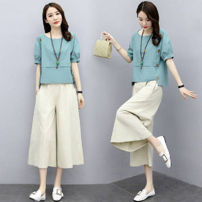 Casual Solid Color Blouse Short Sleeve Top &amp; Capri Wide Leg Pant for Women