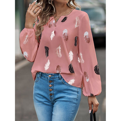 Ladies Fashion Feather printed Long Sleeve Style Top for Women