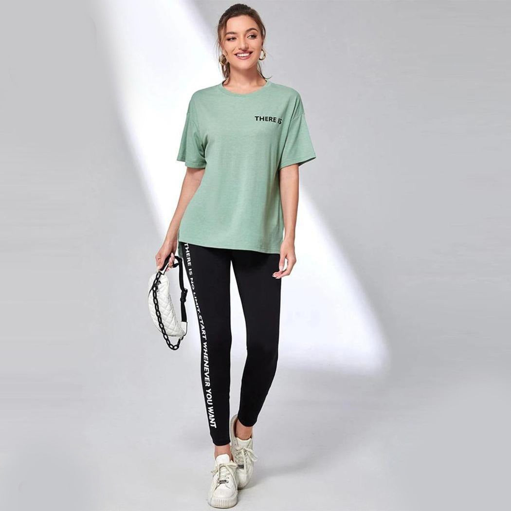 Solid Color Text Print T-Shirt & Track Pant for Women