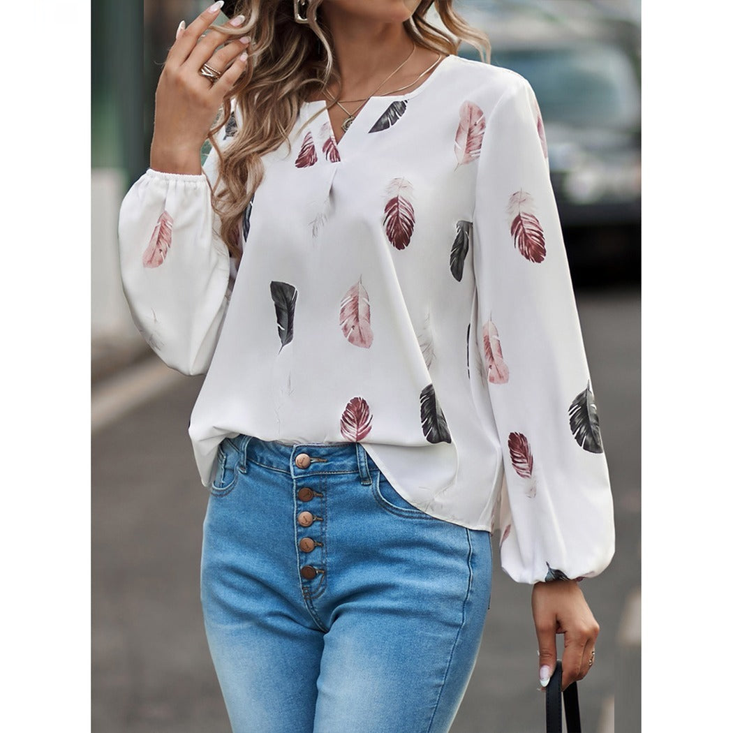 Ladies Fashion Feather printed Long Sleeve Style Top for Women