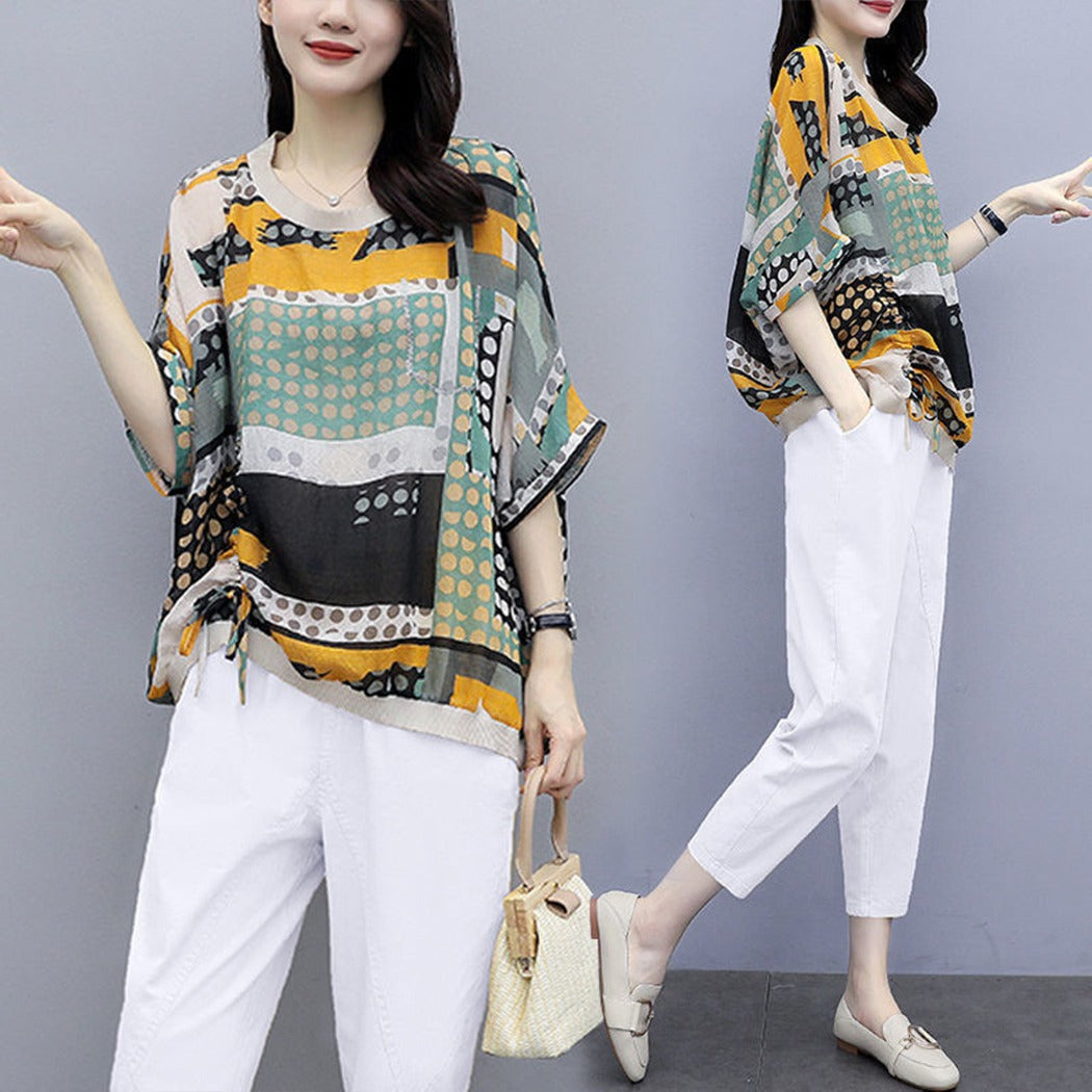 New Fashion Casual Printed Loose Fit Top & Solid Color Pant for Women