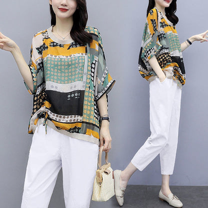 New Fashion Casual Printed Loose Fit Top & Solid Color Pant for Women