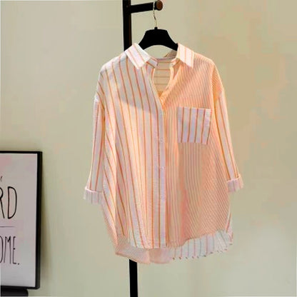 Striped Fashion Summer Style Lapel Collar Non Stretch Shirt