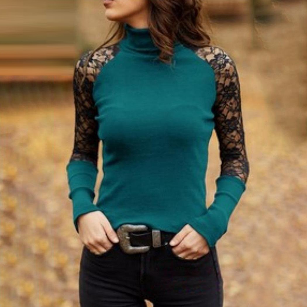 Summer Style Lace Stitching Long-Sleeved Turtleneck Hollow Full Sleeve Tops for Women