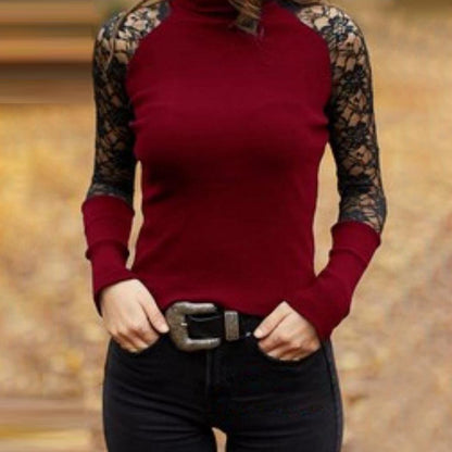 Summer Style Lace Stitching Long-Sleeved Turtleneck Hollow Full Sleeve Tops for Women