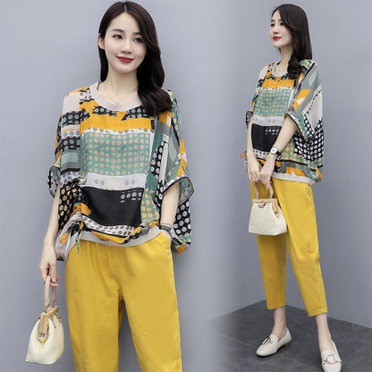 New Fashion Casual Printed Loose Fit Top & Solid Color Pant for Women