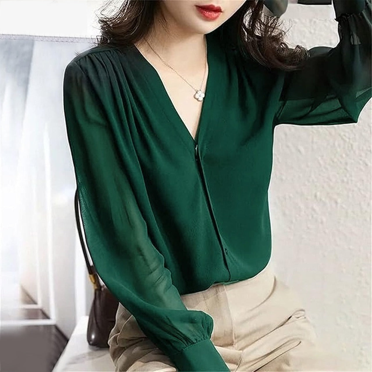 New Fashion Double Layer Chiffon Full Sleeve Loose Shirt for Women