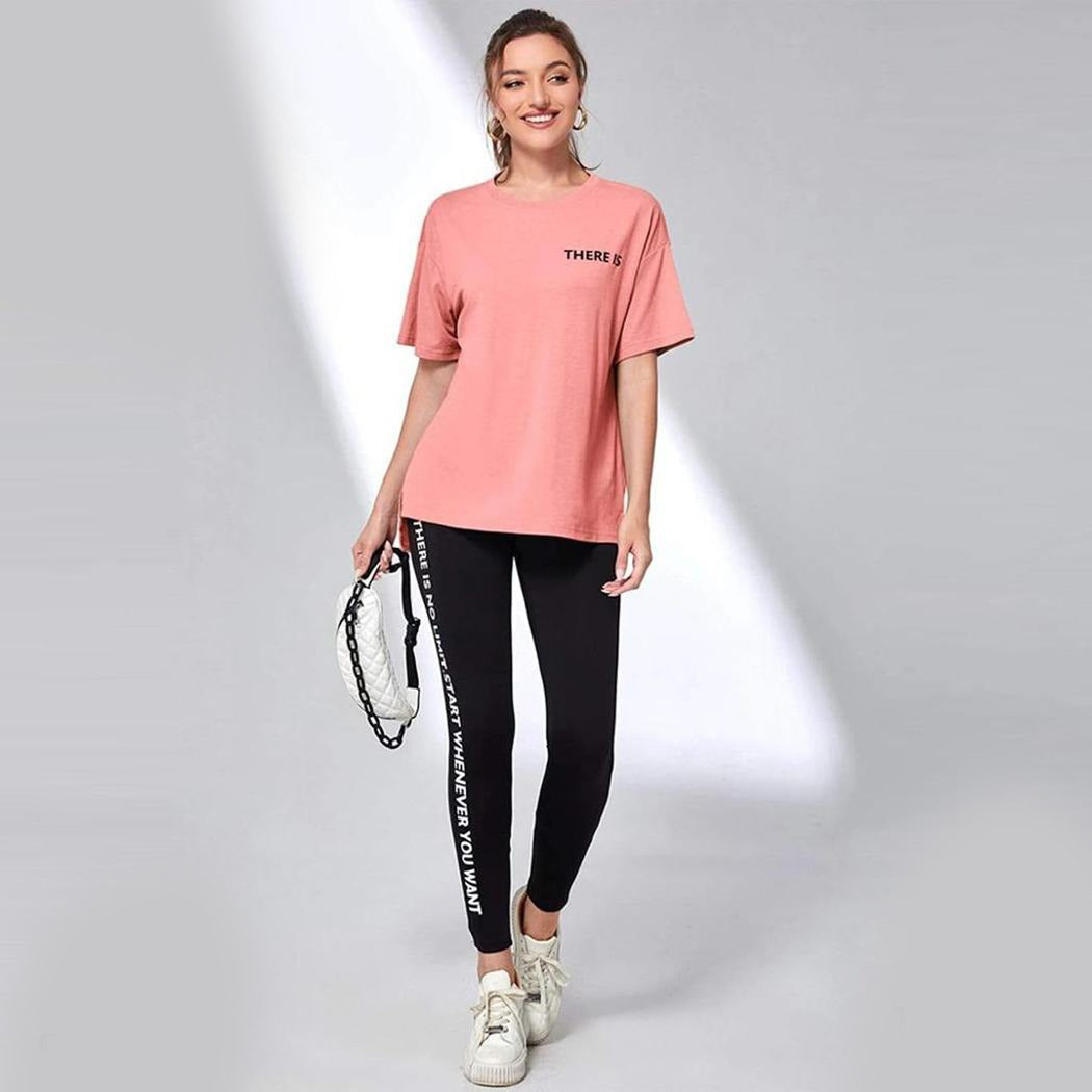 Solid Color Text Print T-Shirt & Track Pant for Women