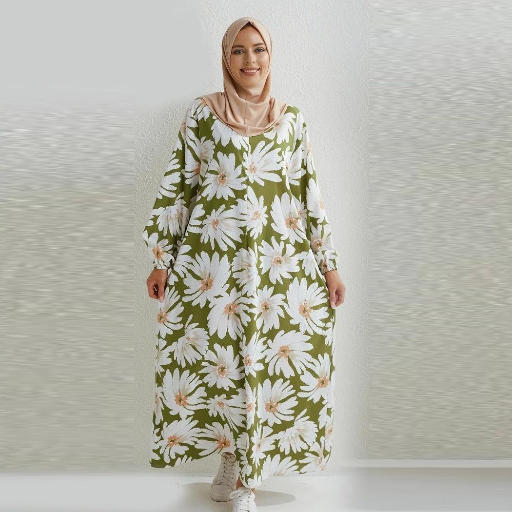 Autumn Floral Print Loose Long Sleeve Oversize Maxi Dress Women