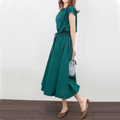 Summer Fashion Solid Color Short Sleeve Round Neck Midi Long Dress for Women