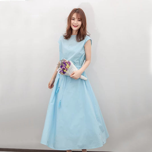 Summer Fashion Solid Color Short Sleeve Round Neck Midi Long Dress for Women