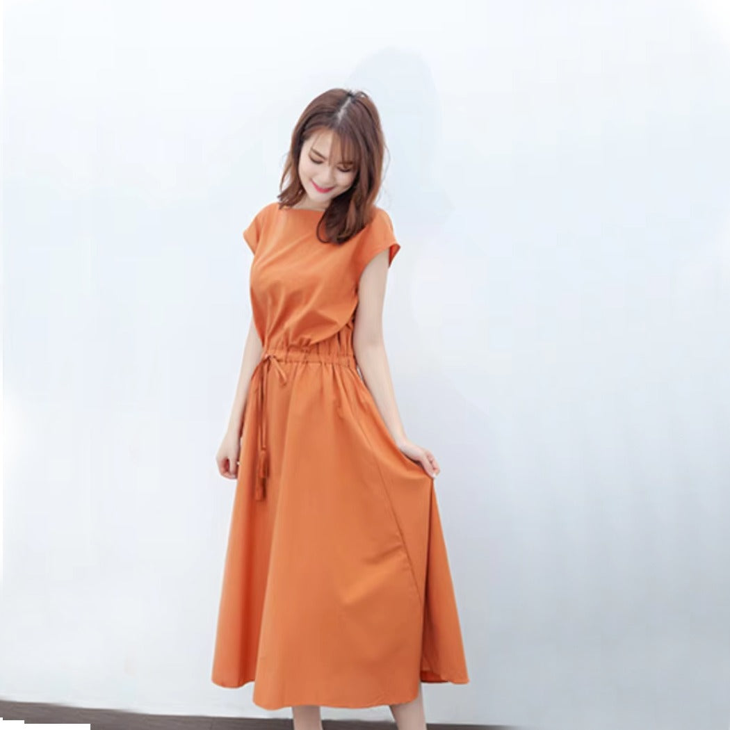 Summer Fashion Solid Color Short Sleeve Round Neck Midi Long Dress for Women