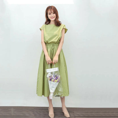 Summer Fashion Solid Color Short Sleeve Round Neck Midi Long Dress for Women