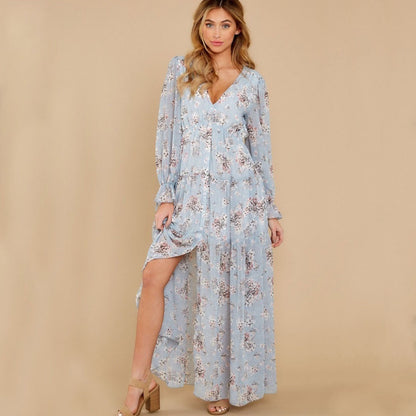 V Neck Floral Pattern Chiffon Long Sleeve Casual Beach Dress for Women