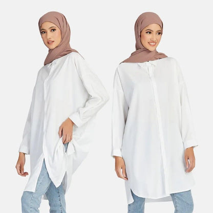 New Fashion Button Up Solid Color Muslim Women Ethnic Abaya Shirt Top