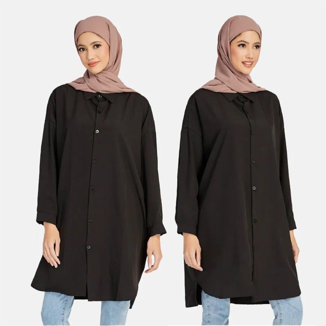 New Fashion Button Up Solid Color Muslim Women Ethnic Abaya Shirt Top