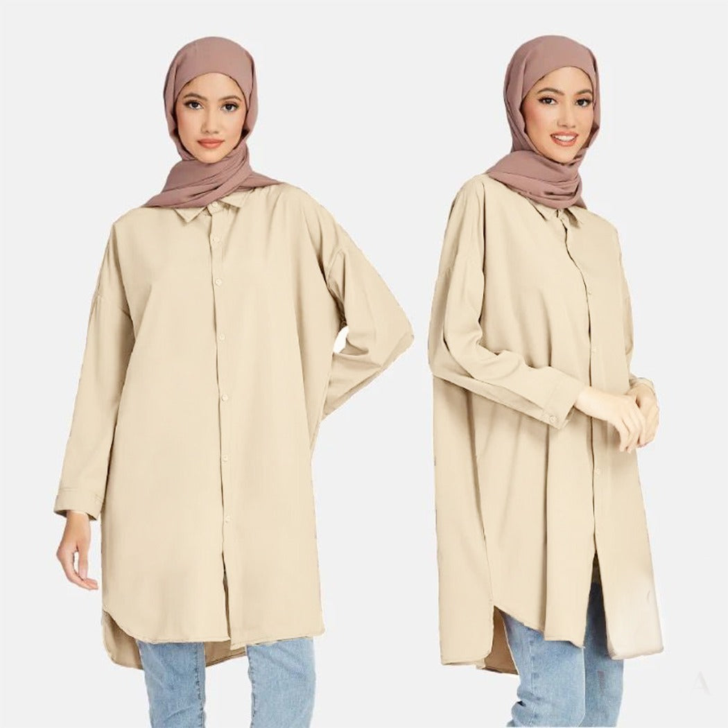 New Fashion Button Up Solid Color Muslim Women Ethnic Abaya Shirt Top