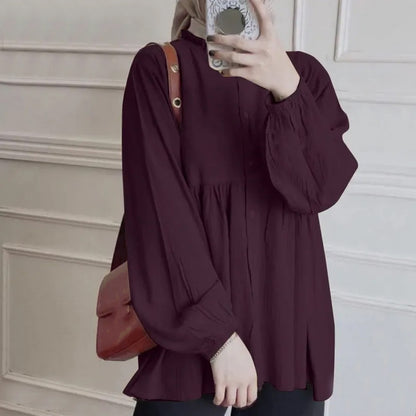 Latest Long Sleeve Vintage Fashion Solid Color Top for Women