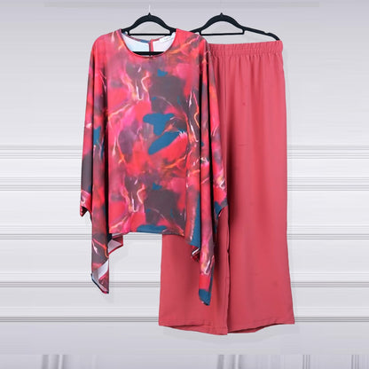 Graphic Design Printed Fashion Full Bat Sleeve Style Top & Wide Leg Pant for Women