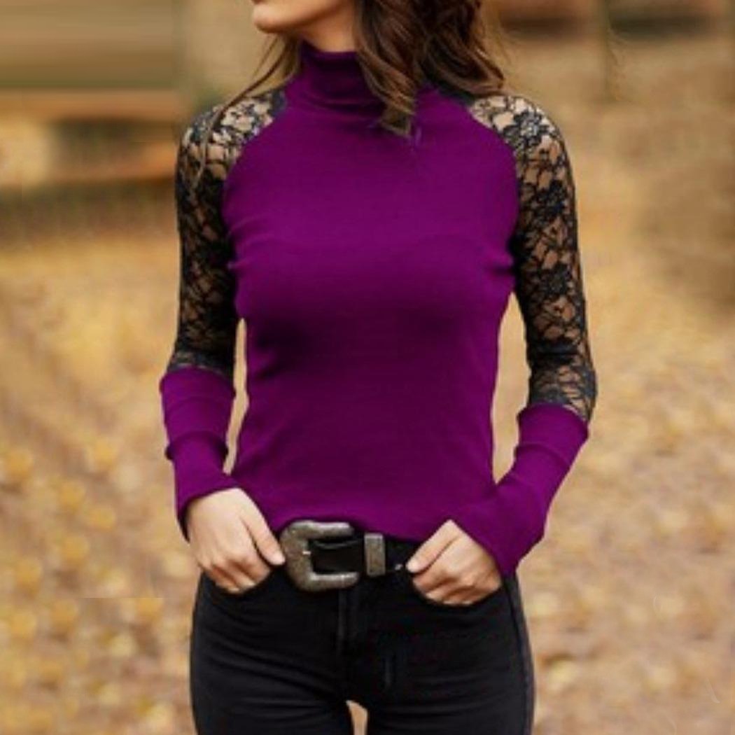 Summer Style Lace Stitching Long-Sleeved Turtleneck Hollow Full Sleeve Tops for Women