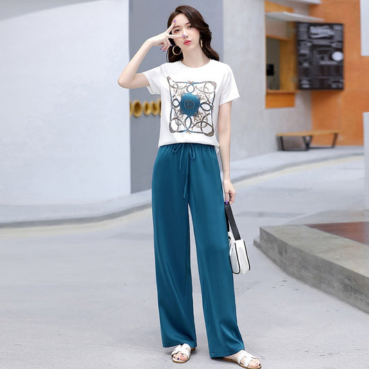 Printed Style Short Sleeve T-Shirt &amp; Wide Leg Pants for Women