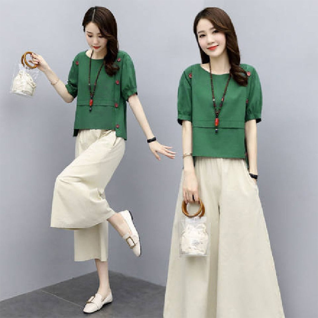 Casual Solid Color Blouse Short Sleeve Top &amp; Capri Wide Leg Pant for Women