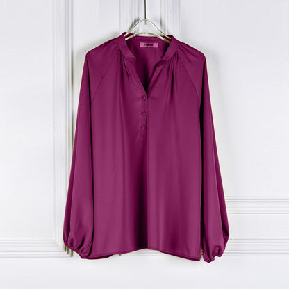 Long Sleeve New Silk Satin V Neck Button Top for Women