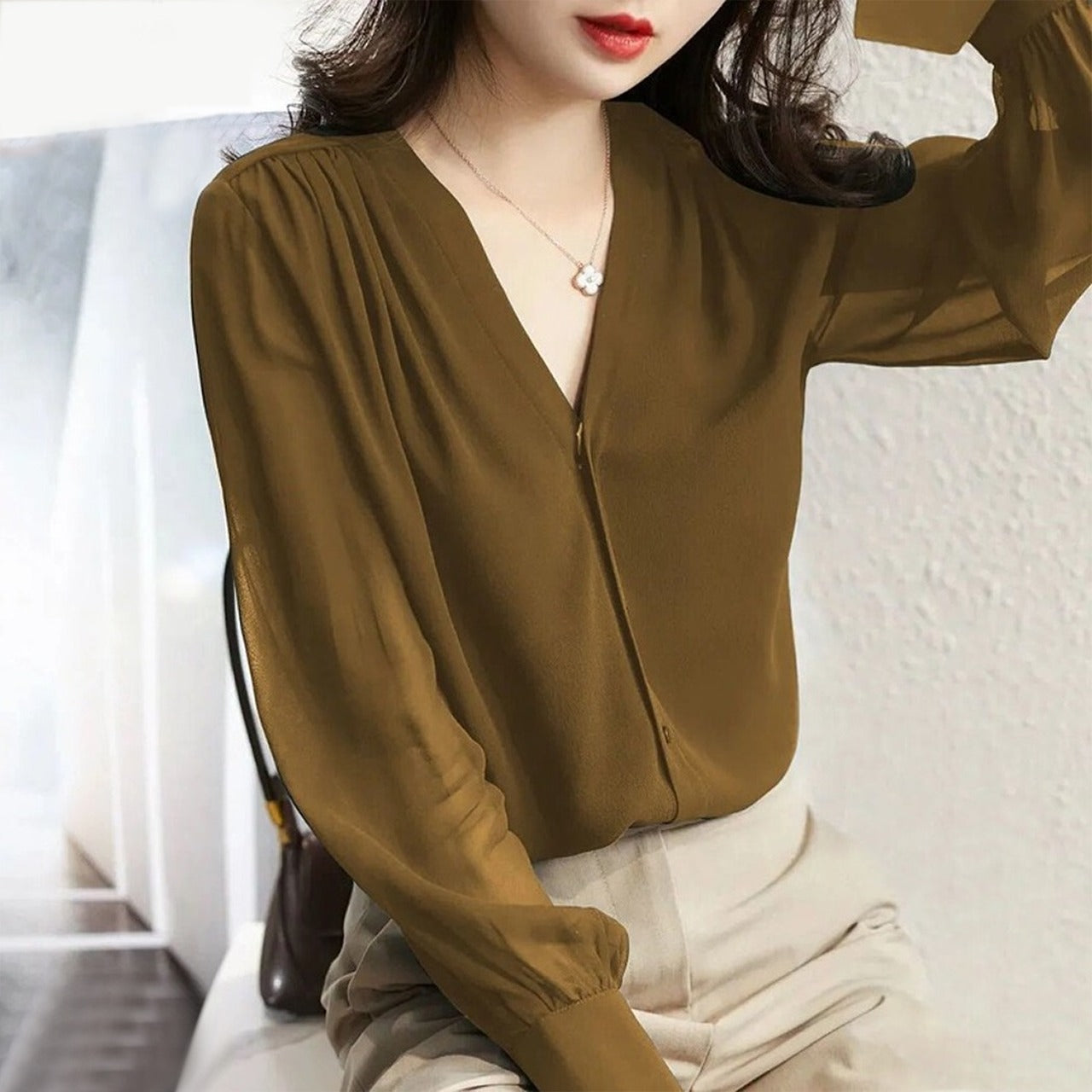 New Fashion Double Layer Chiffon Full Sleeve Loose Shirt for Women