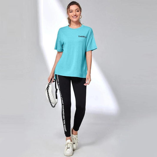 Solid Color Text Print T-Shirt & Track Pant for Women