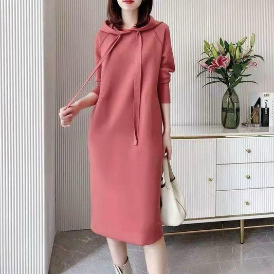 Loose Fit Solid Color Casual Long Sleeve Hooded Dress for Women