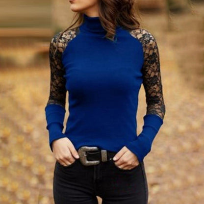 Summer Style Lace Stitching Long-Sleeved Turtleneck Hollow Full Sleeve Tops for Women